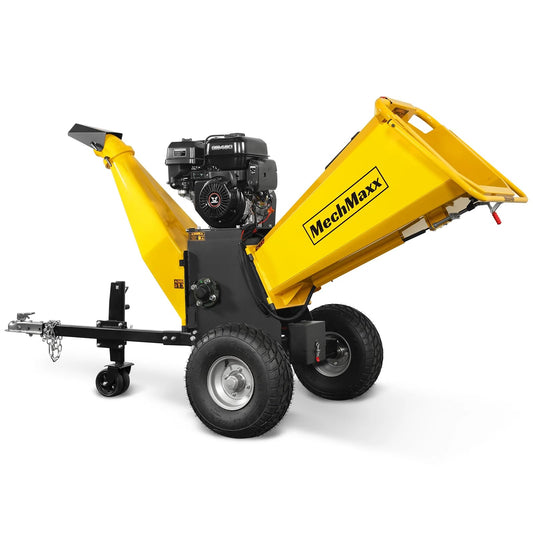 MechMaxx 6 inch ZONSEN 459cc 15hp E-Start Gas Powered 4-Wheels Wood Chipper Shredder Mulcher with Towbar/Tail Light/Emergency Stop Button/Stop Bar, Model B150 Red