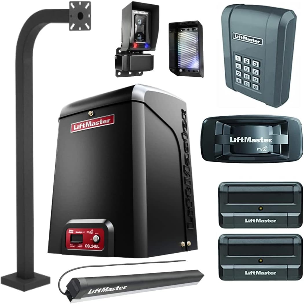 Liftmaster CSL24U / CSL24UL Slide Gate Opener Kit W/Battery Back-Up, 2 Remotes, 828LM Gateway, KPW5 Wireless Keypad & Keypad Pedestal Custom fabricated by L.A. Ornamental - Gate Openers and More