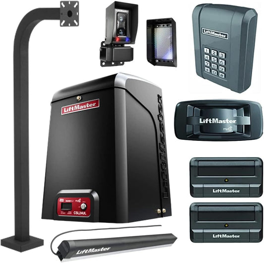 Liftmaster CSL24U / CSL24UL Slide Gate Opener Kit W/Battery Back-Up, 2 Remotes, 828LM Gateway, KPW5 Wireless Keypad & Keypad Pedestal Custom fabricated by L.A. Ornamental - Gate Openers and More