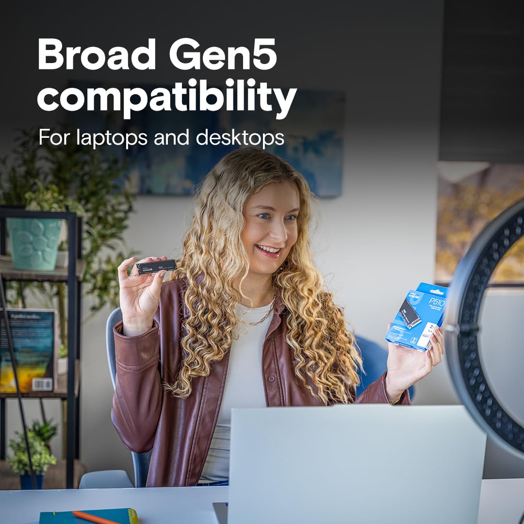 Crucial P510 PCIe Gen5 NVMe 2TB SSD with Heatsink, Up to 10,000MB/s, TLC NAND, Laptop & Desktop (PC) Compatible, for Gamers & Creatives, Solid State Drive – CT2000P510SSD5-01
