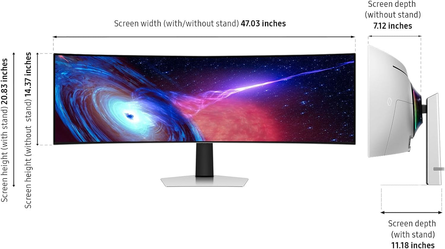 Samsung 49" Odyssey G93SC Series Curved Gaming Monitor, QD-OLED, 240Hz, 0.03ms, DQHD, G-Sync Compatible, FreeSync Premium Pro, Adjustable Stand