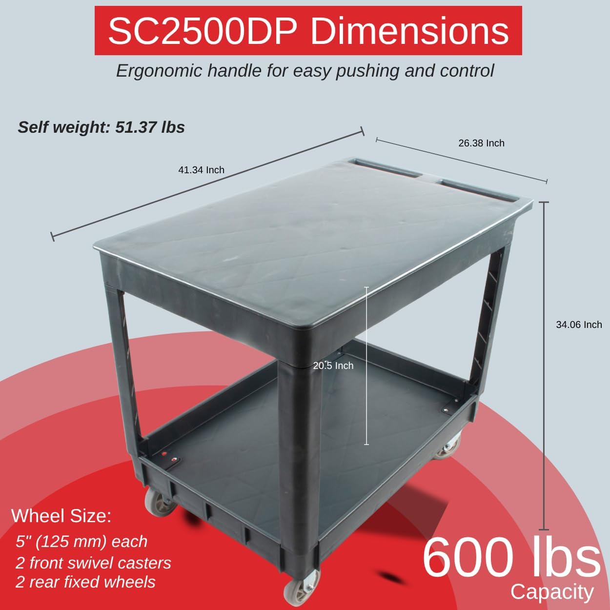 2-Tier Heavy-Duty Utility Cart with Flat Top Shelf, 600 lb Capacity, 5" Rolling Service Cart for Warehouse, Office & Commercial Use