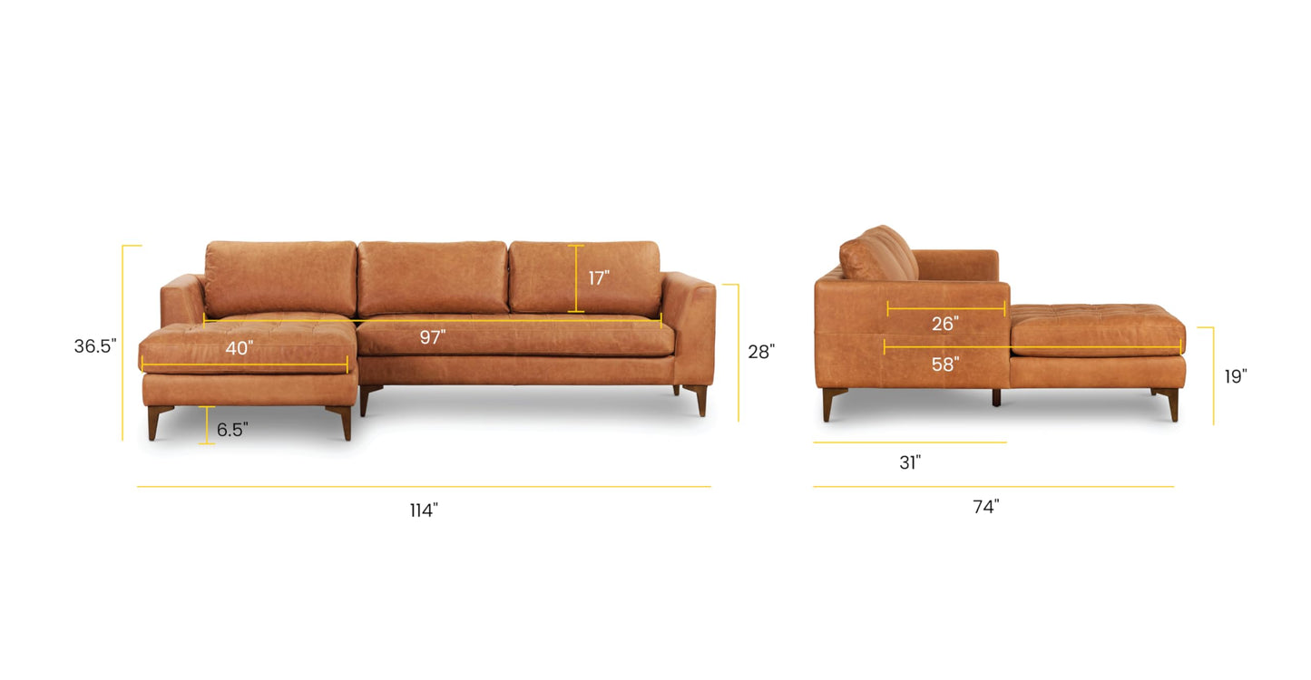 Poly & BARK Harper Left-Facing Leather Sleeper Sectional Sofa Cognac Tan– Full-Grain Aniline Leather, Sculptural Silhouette, Walnut-Finished Legs – Modern Statement Sofa for Living Spaces