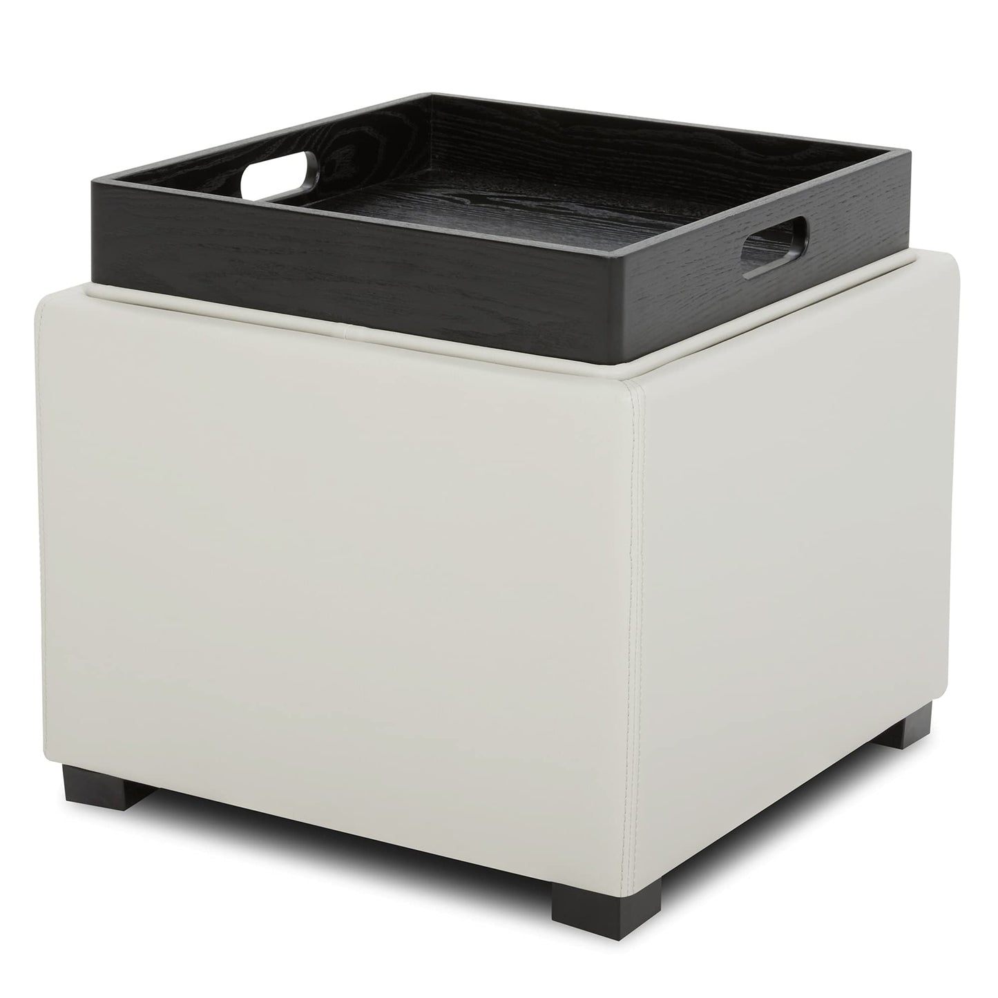 CHITA Storage Ottoman Cube with Tray Lid, Small Footstool with Storage, Square End Table for Living Room and Bedroom, Faux Leather in Saddle Brown