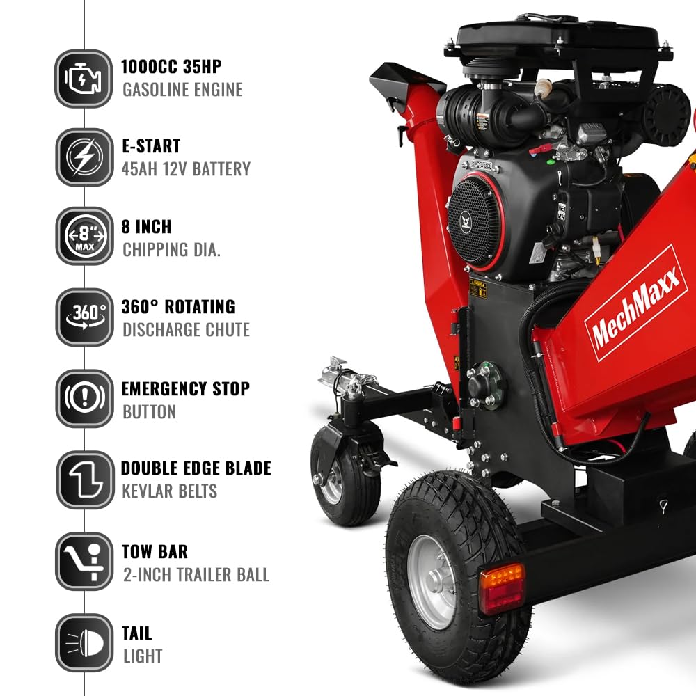 MechMaxx 6 inch ZONSEN 459cc 15hp E-Start Gas Powered 4-Wheels Wood Chipper Shredder Mulcher with Towbar/Tail Light/Emergency Stop Button/Stop Bar, Model B150 Red