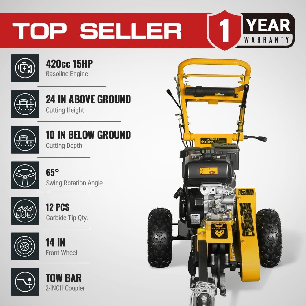 MechMaxx E-Start Stump Grinder With Front Wheel Towbar,420cc 15HP Engine