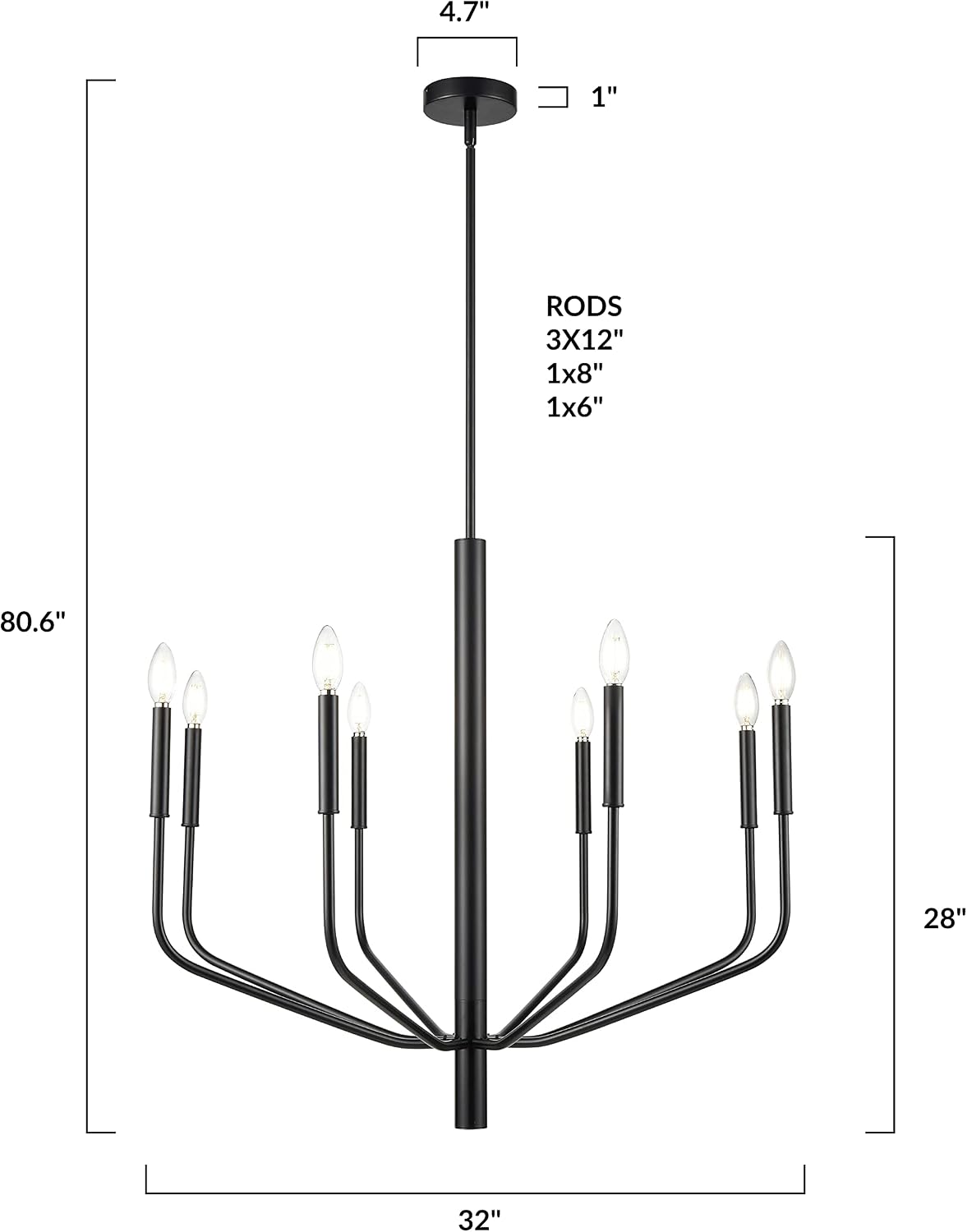 Light Society LS-C516-BLK Philippe 8-Light Chandelier, Black