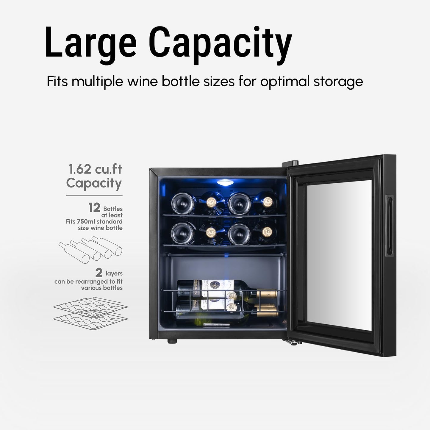 Yeego Wine Fridge – 34 Bottles Wine Cooler, 38–65℉ Digital Control with Double Glass Door & LED Light, Freestanding Wine Fridge Under Counter for Home Bar and Kitchen