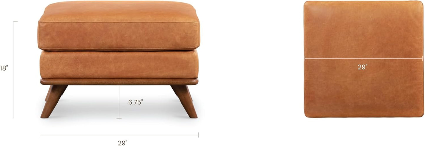 Poly & BARK Nolita Ottoman in Cognac Tan – Premium Leather Ottoman with Solid Wood Base, Modern Footrest, Accent Seating, and Living Room Furniture