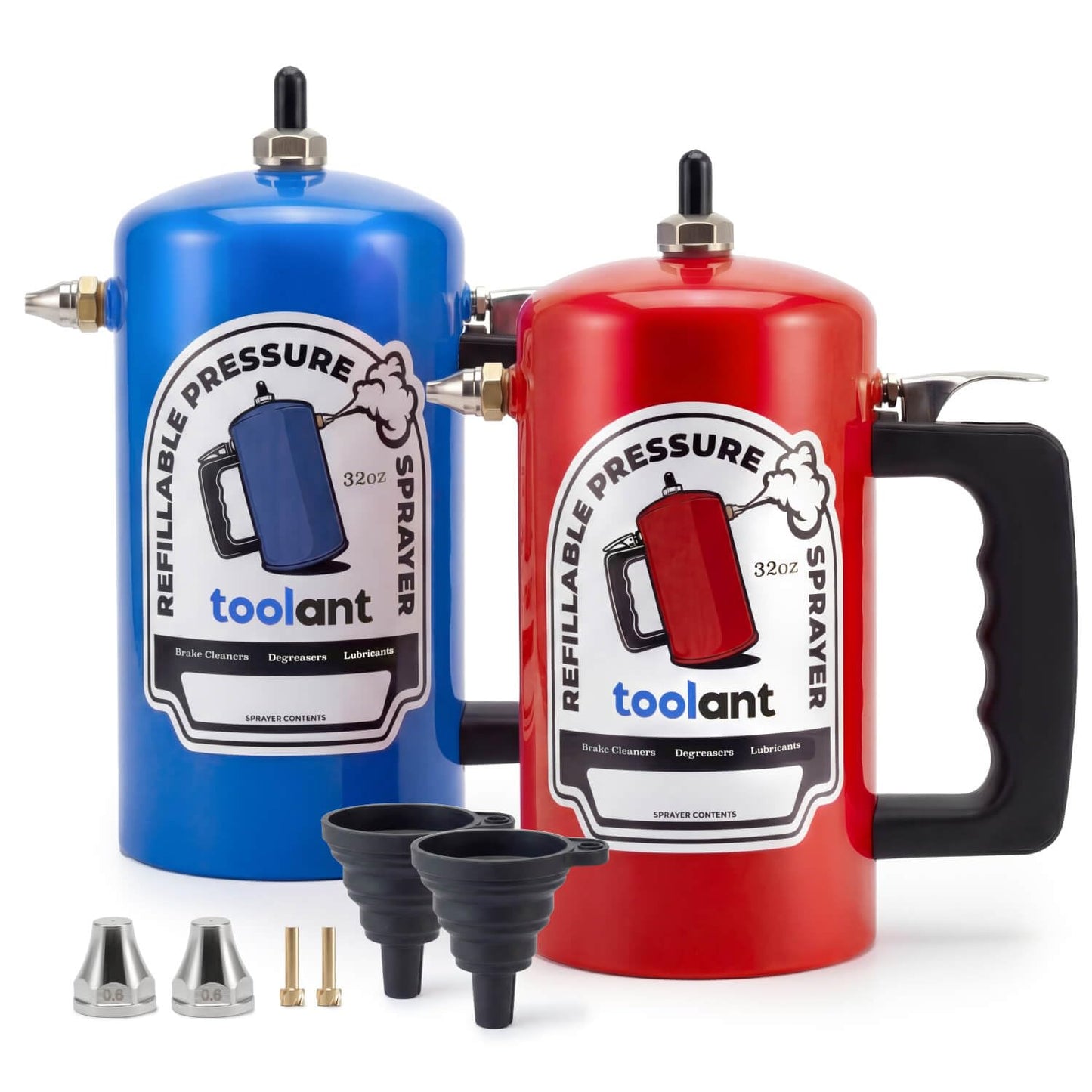 toolant 32oz Refillable Pressurized Sprayer, Steel Canister, Rust-Resistant Lining, Needle Valve Leak-Resistant, Dual Nozzles 1.0/0.6mm, Funnel Included, 200 PSI Max, for Brake Cleaner & Solvents, Red