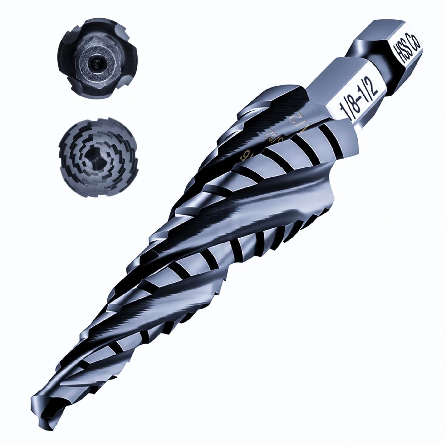 toolant Four Spiral Flute Cobalt Step Drill Bit(Pro), 1/4"-3/4" Impact Ready Unibit Step Drill Bit, 1/4" Hex Shank Step Bits for Metal, Stainless Steel, Aluminum, Plastic