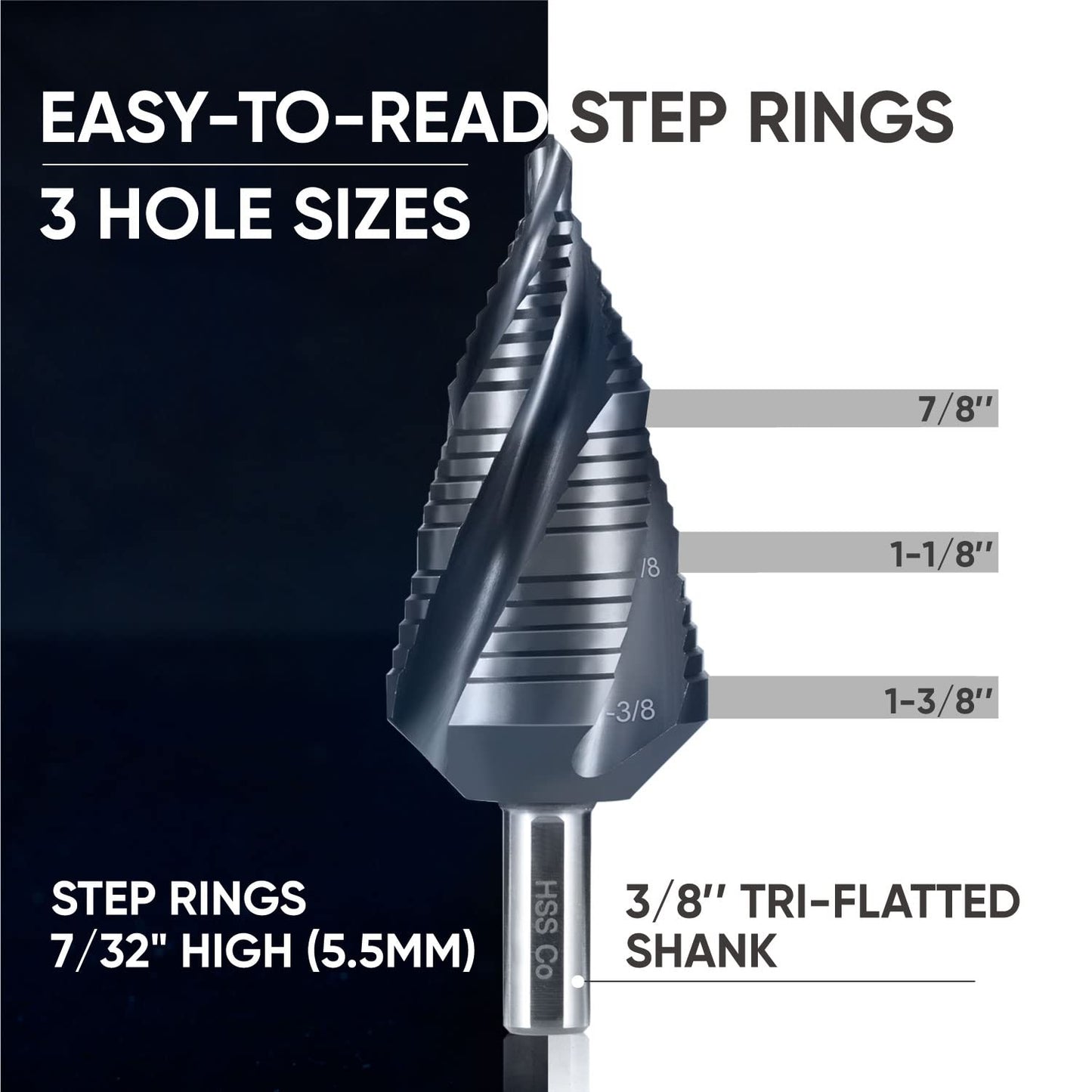 toolant Four Spiral Flute Cobalt Step Drill Bit(Pro), 1/4"-3/4" Impact Ready Unibit Step Drill Bit, 1/4" Hex Shank Step Bits for Metal, Stainless Steel, Aluminum, Plastic