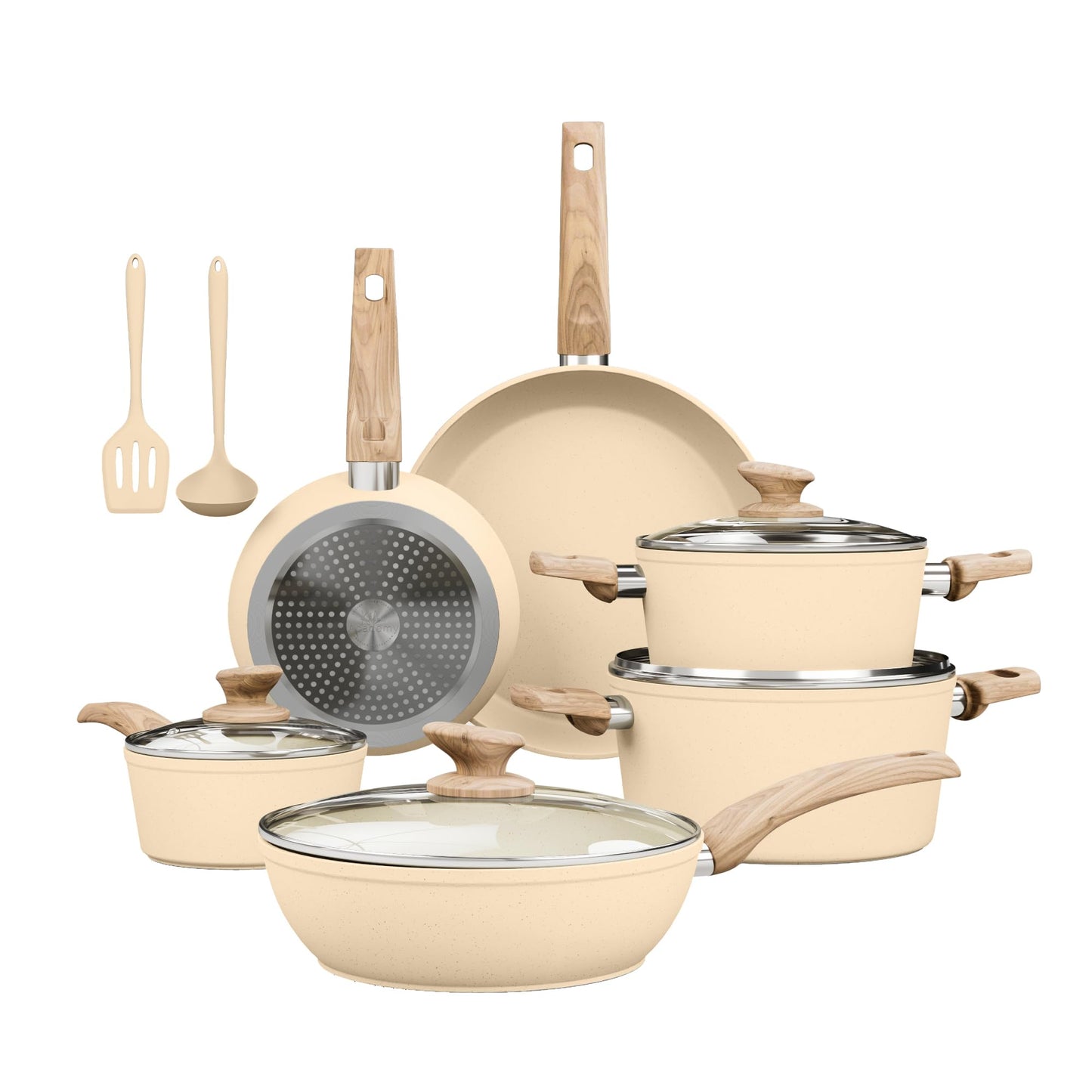 Kitchen Academy Induction Cookware Sets - 12 Piece Pots and Pans Set Non Stick, Black Granite Nonstick Cooking Pan Set(PFOS, PFOA Free)