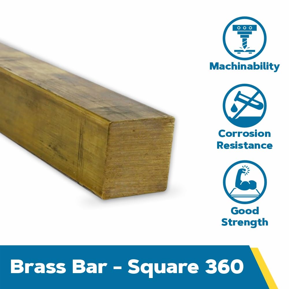 360 Brass Square Bar, Unpolished (Mill) Finish, H02 Temper, ASTM B16, 1/2" Height, 36" Length, OnlineMetals
