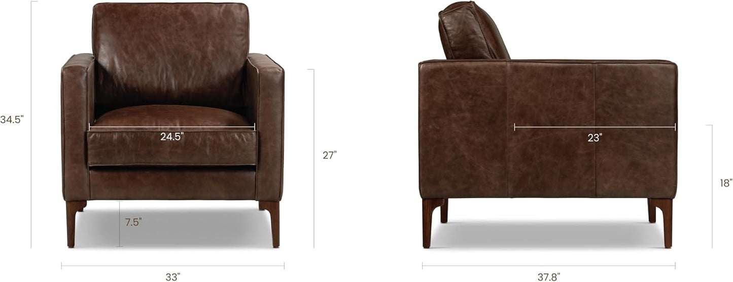 POLY & BARK Mateo Leather Lounge Chair – Chocolate Brown Full-Grain Leather Upholstery – Modern Upholstered Accent Chair for Living Room or Bedroom – Indoor Lounge Seating with Timeless Comfort