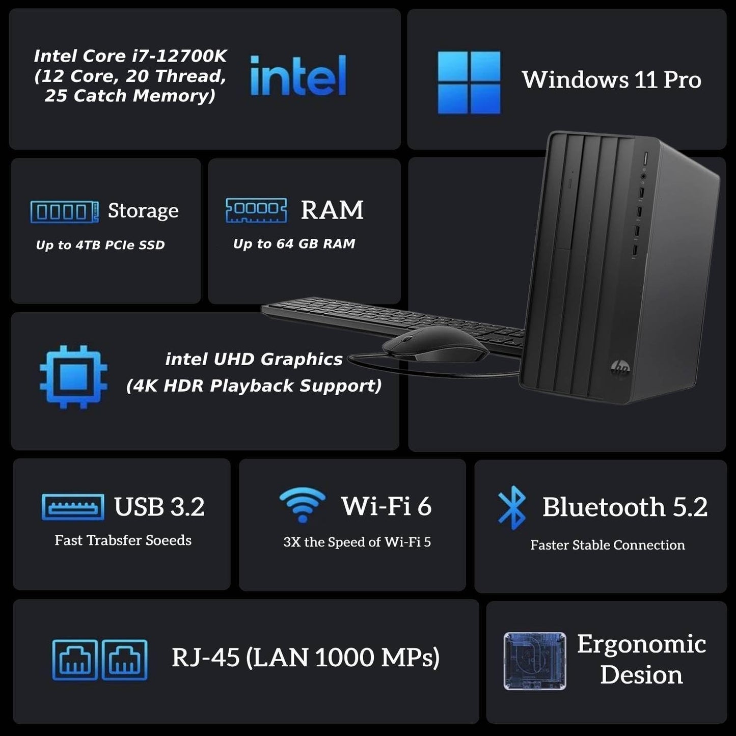 Computadora de escritorio HP Pro Business, procesador Intel Core i9 (16 núcleos, 24 hilos, hasta 5.2 GHz con 30 MB de memoria caché) 64 GB de RAM, SSD PCIe de 2 TB, diseño ultra silencioso, soporte