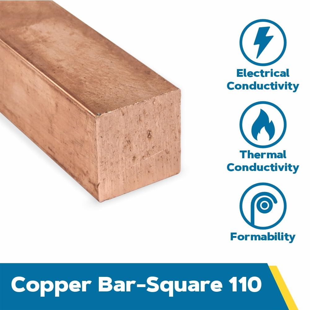 110 Copper Square Bar, Unpolished (Mill) Finish, H04 Temper, ASTM B187, 1/2" Thickness, 1/2" Width, 12" Length, OnlineMetals