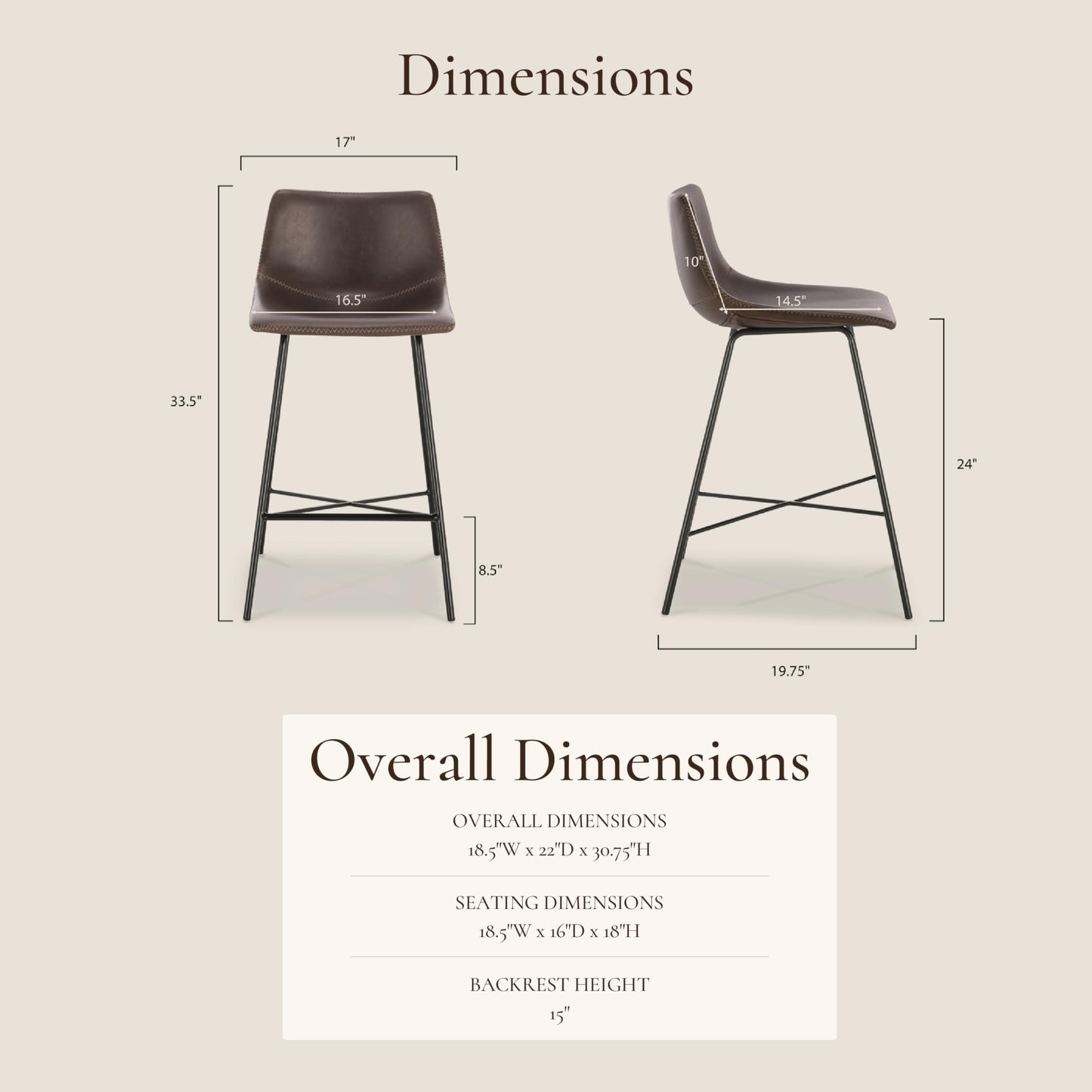 POLY & BARK Paxton Leather Counter Stools 24 Inches – Set of 2 - Counter Height Bar Stools with Back – Modern Barstools for Kitchen Island or Counters – Faux Leather & Matte Black Steel Base – Tan