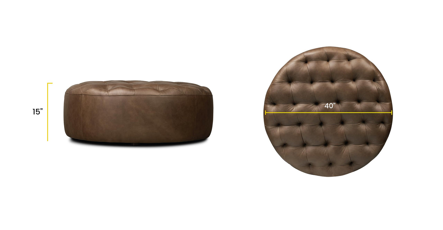 POLY & BARK Denver Ottoman – 43" Large Pouf with Feather-Down Topper – Full-Grain Leather Upholstered Pouf Ottoman for Living Room – Vintage Italian Leather in Cognac Tan