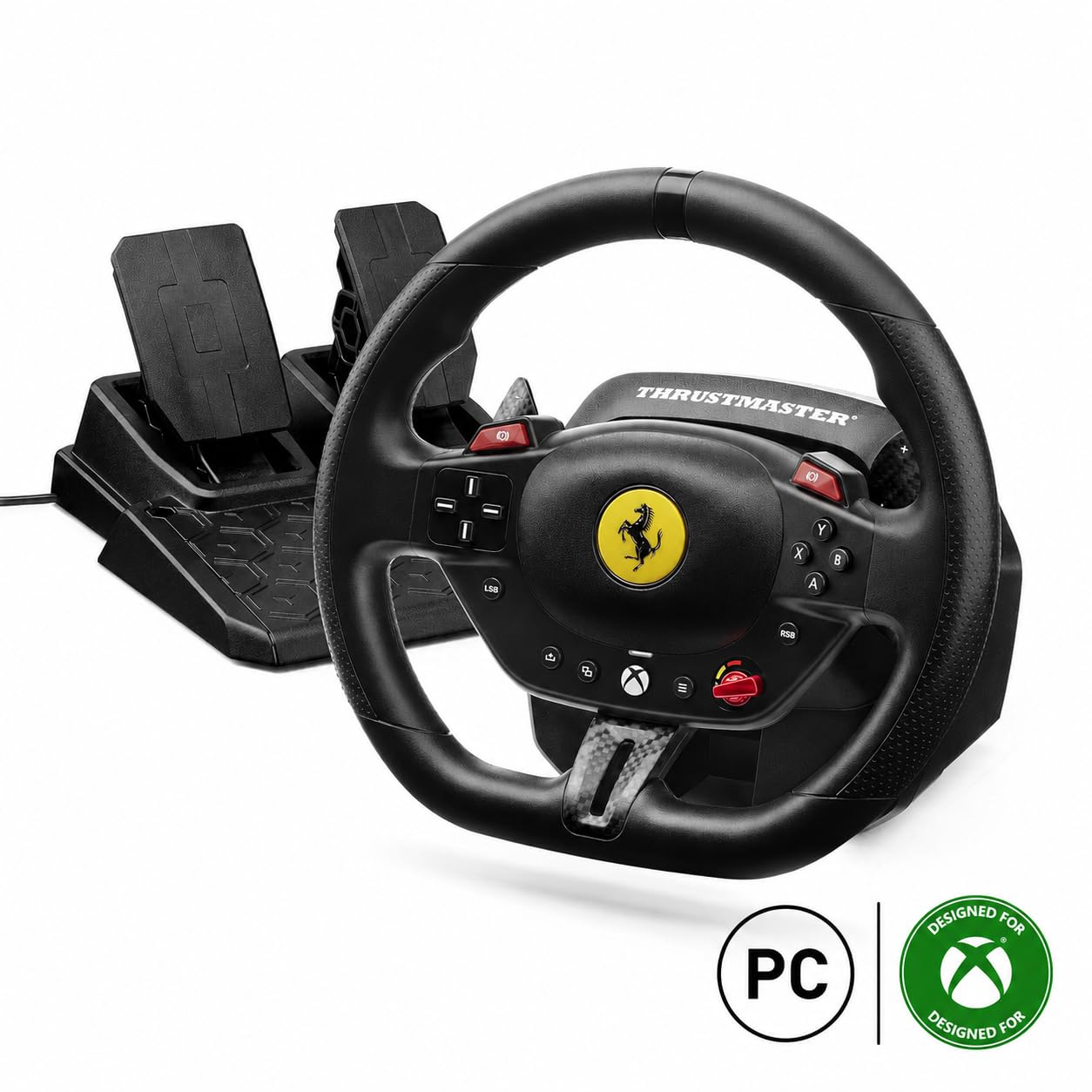 Thrustmaster T98 P Ferrari Licensed Racing Wheel & Pedal Set - PS5 & PC | 240-degree rotation, bungee-cord resistance, paddle shifters, 3 driving modes, Hall-Effect sensors, tool-free desk clamp