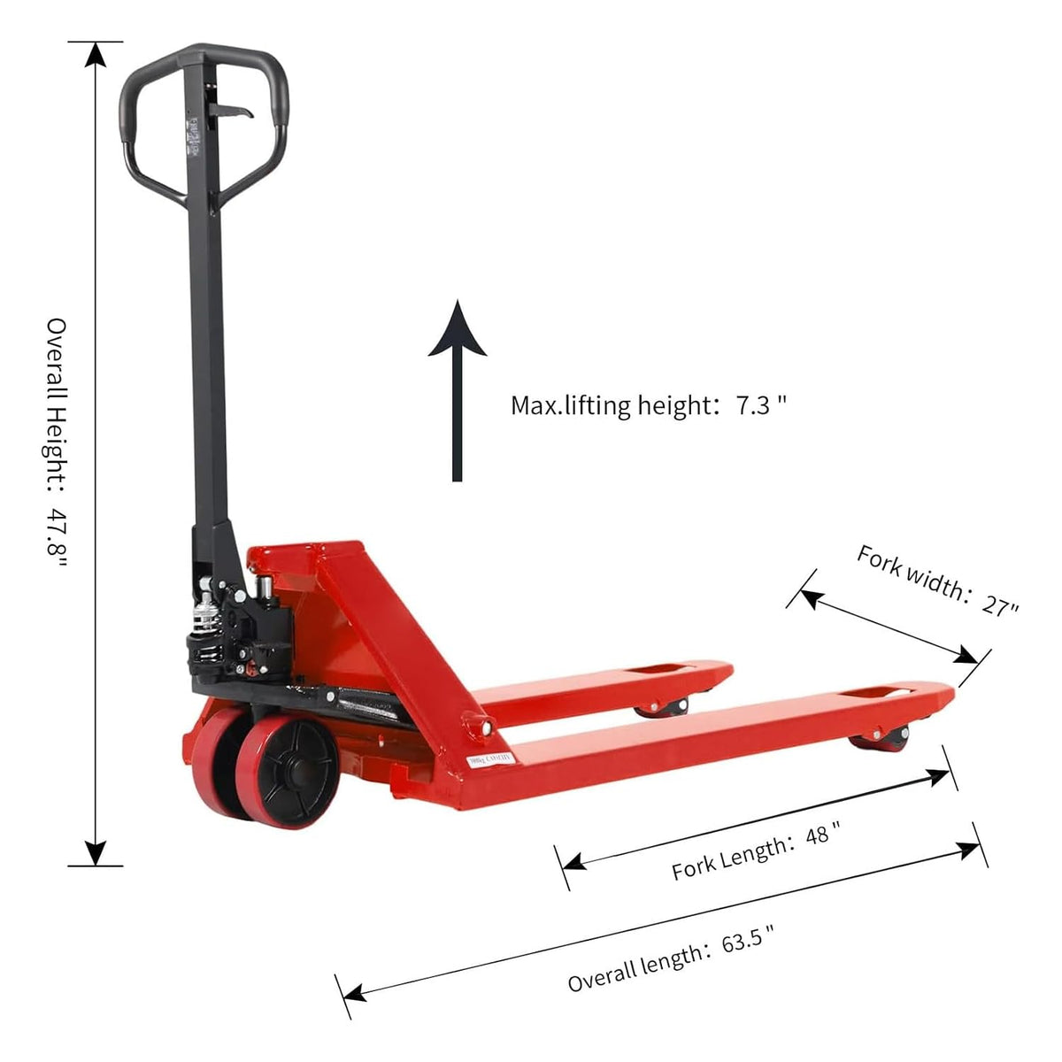 Tory Carrier Pallet Jack Hand Truck Manual Pallet Jacks 6600-Lb. Capacity 27 x 48 Forks Standard Duty, Rubber Handle, PU Wheels