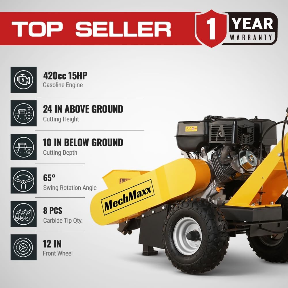 MechMaxx Stump Grinder With Support Leg, DUCAR 420cc 15HP Gas Engine