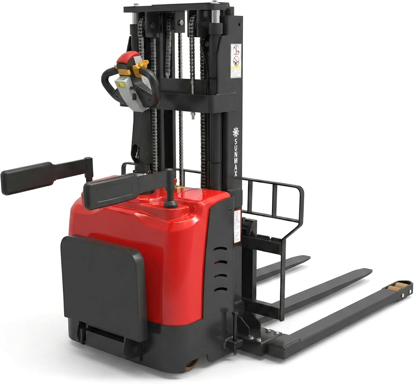 SUNMAX PS3300FEAS-3M Fully Electric Pallet Stacker, 3300 lb Capacity, 118" Lift Height, Walk-Behind Warehouse Stacker with Adjustable Straddle Legs