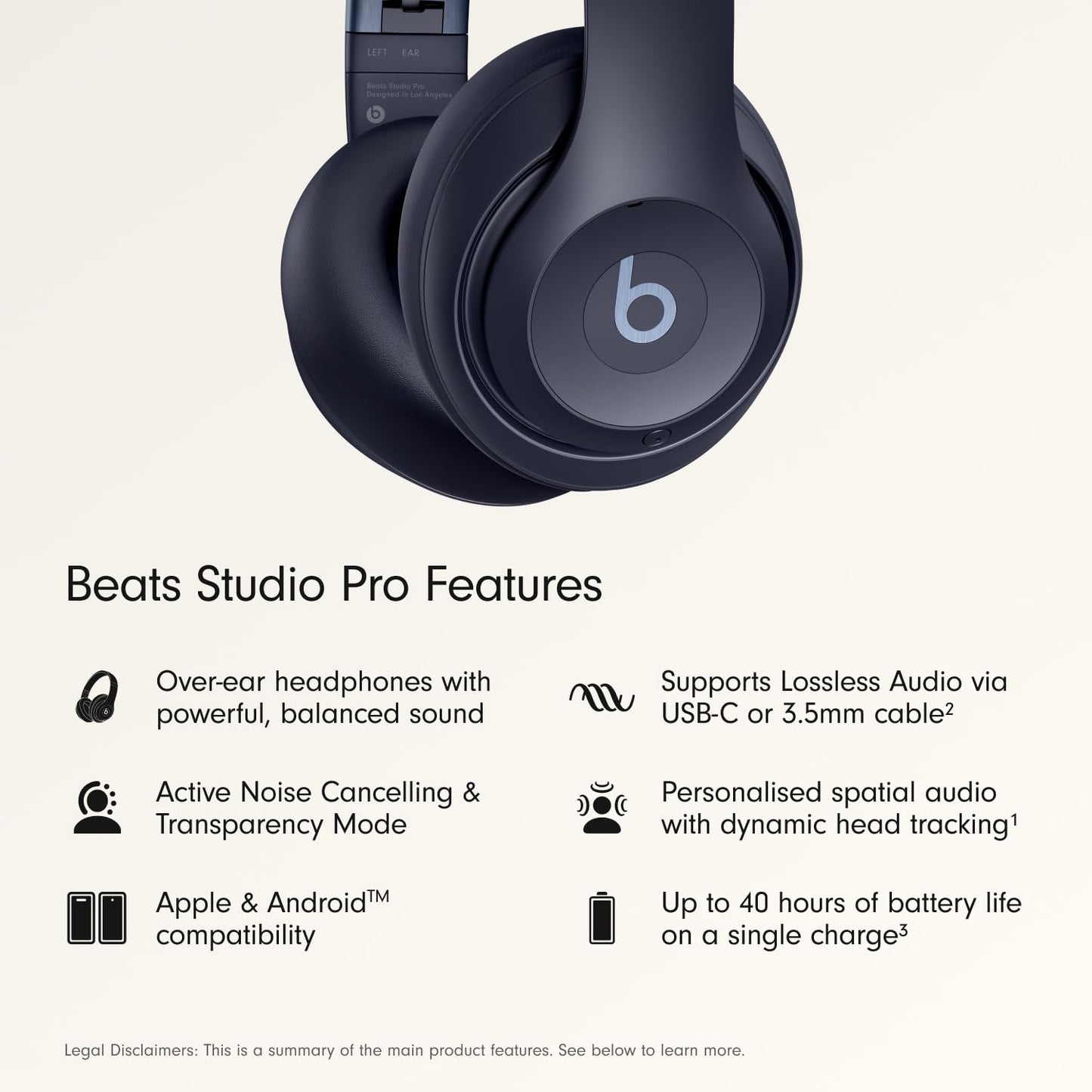 Beats Studio Pro Premium Wireless Over-Ear Headphones- Up to 40-Hour Battery Life, Active Noise Cancelling, Great for Travel & Commuting, USB-C Lossless Audio, Apple & Android Compatible - Navy