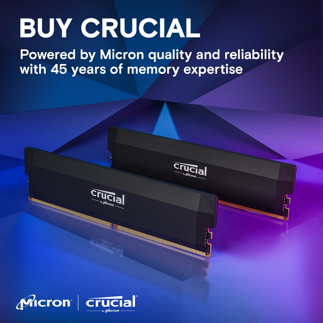 Crucial Pro DDR5 RAM 64GB Kit (2x32GB) 6000MHz CL40, Overclocking Desktop Gaming Memory, Intel XMP 3.0 & AMD Expo Compatible – Black CP2K32G60C40U5B