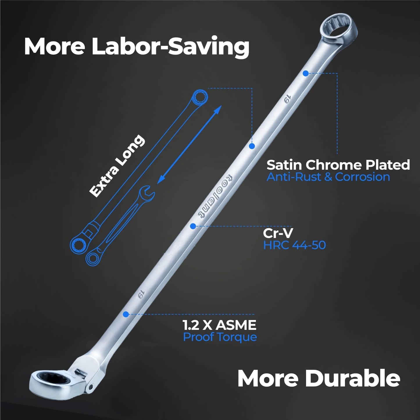 toolant 10mm Extra Long Ratcheting Wrench, Flex Head & Fixed Offset Head Double Box End Combination Wrench, CR-V Steel