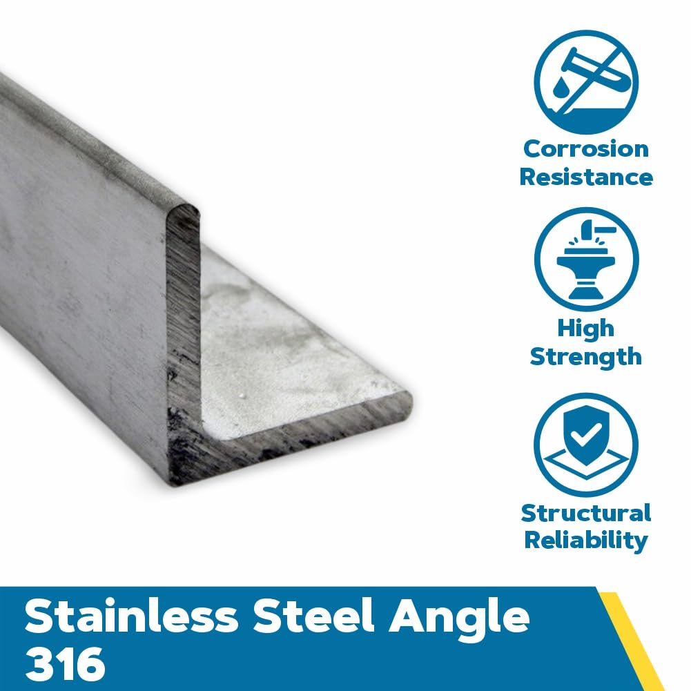 316 Stainless Steel Angle, Unpolished (Mill) Finish, ASTM A276, Equal Leg Length, Rounded Corners, 1" Leg Lengths, 0.125" Wall Thickness, 36" Length, OnlineMetals