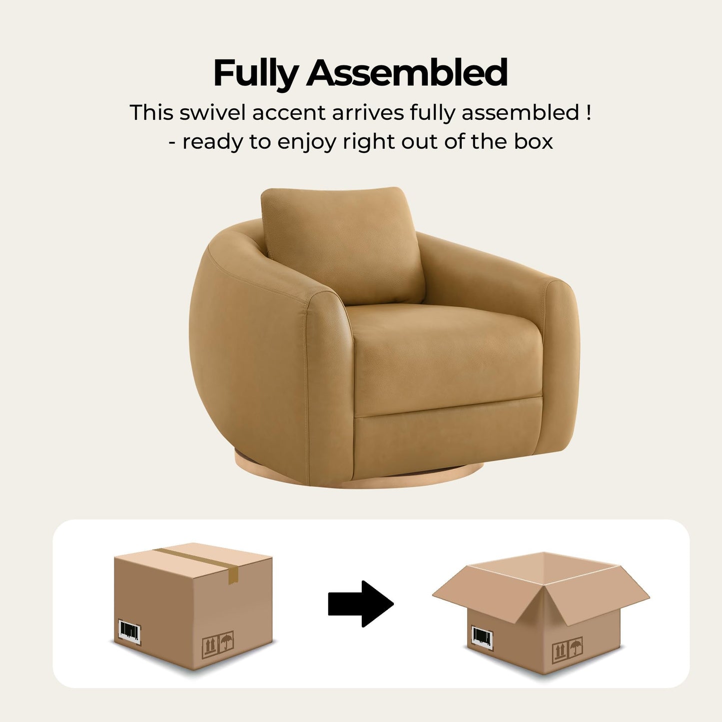 CHITA Genuine Leather Swivel Accent Chair, FSC Certified Mid Century Modern Arm Chair with Wood Base for Living Room and Bedroom, Fully Assembled, Sand