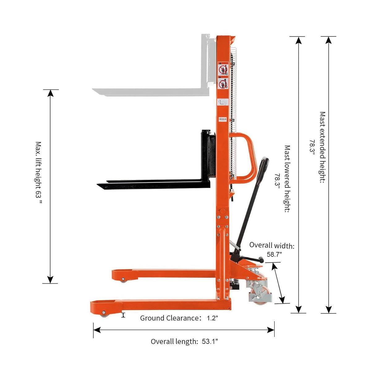 Tory Carrier Manual Pallet Stacker 1100lbs Capacity 63" Lift Height