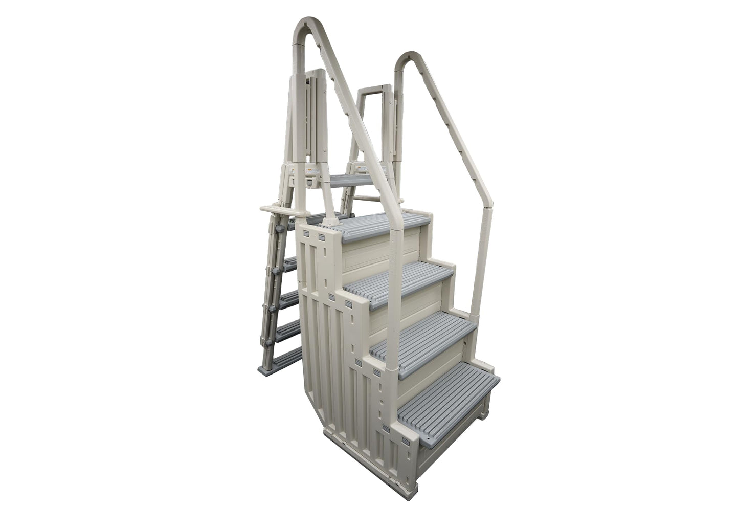 Confer Plastics Step-1X: Sturdy Above Ground Entry System with Dual Handrails and Slip-Resistant Steps, Easy Installation, Supports up to 400 lbs - Proudly Made in USA. Warm Grey with Grey Treads