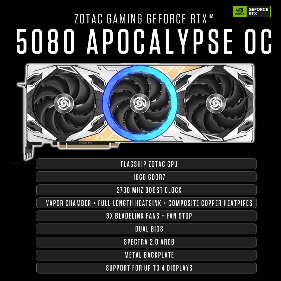 ZOTAC Gaming GeForce RTX 5080 Solid CORE OC DLSS 4 16GB GDDR7 256-bit 30 Gbps PCIE 5.0 Gaming Graphics Card, IceStorm 3.0 Advanced Cooling, Spectra RGB Lighting, ZT-B50800J2-10A