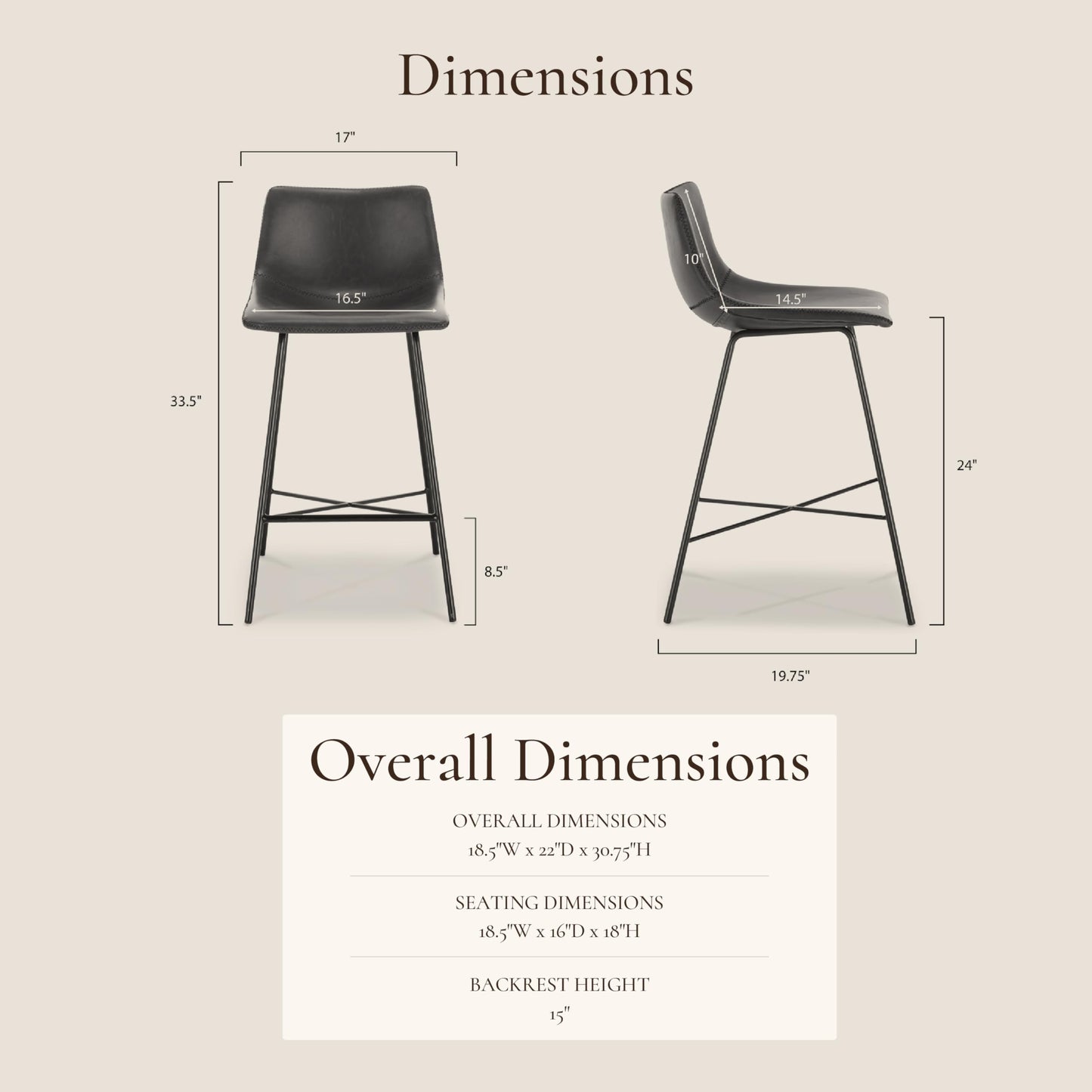 POLY & BARK Paxton Leather Counter Stools 24 Inches – Set of 2 - Counter Height Bar Stools with Back – Modern Barstools for Kitchen Island or Counters – Faux Leather & Matte Black Steel Base – Tan