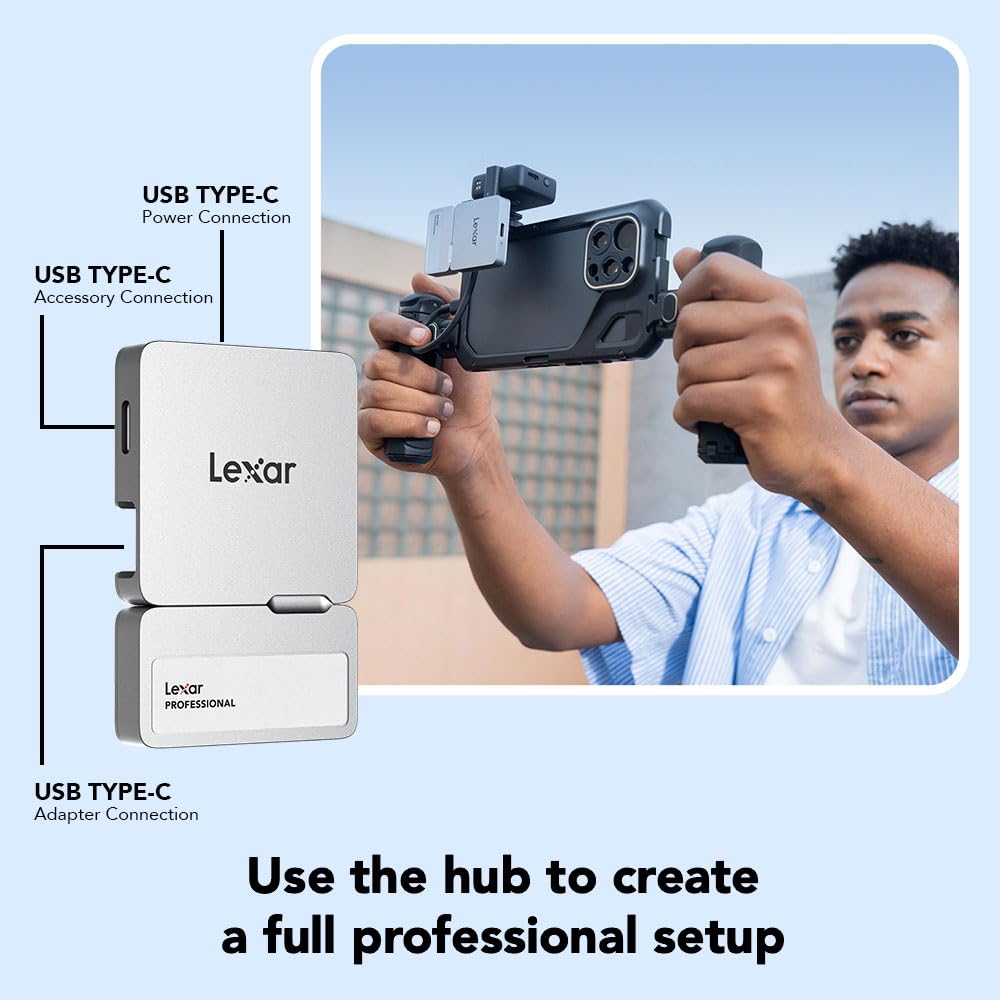 Lexar 1TB Professional Go Portable SSD w/Hub, Supports Apple 4K 60fps ProRes, Up to 1050MB/s, USB 3.2, Rugged, IP65, Ultracompact, Compatible w/iPhone 15/16 (Not 17), External SSD (LSL400S001T-RNSNU)