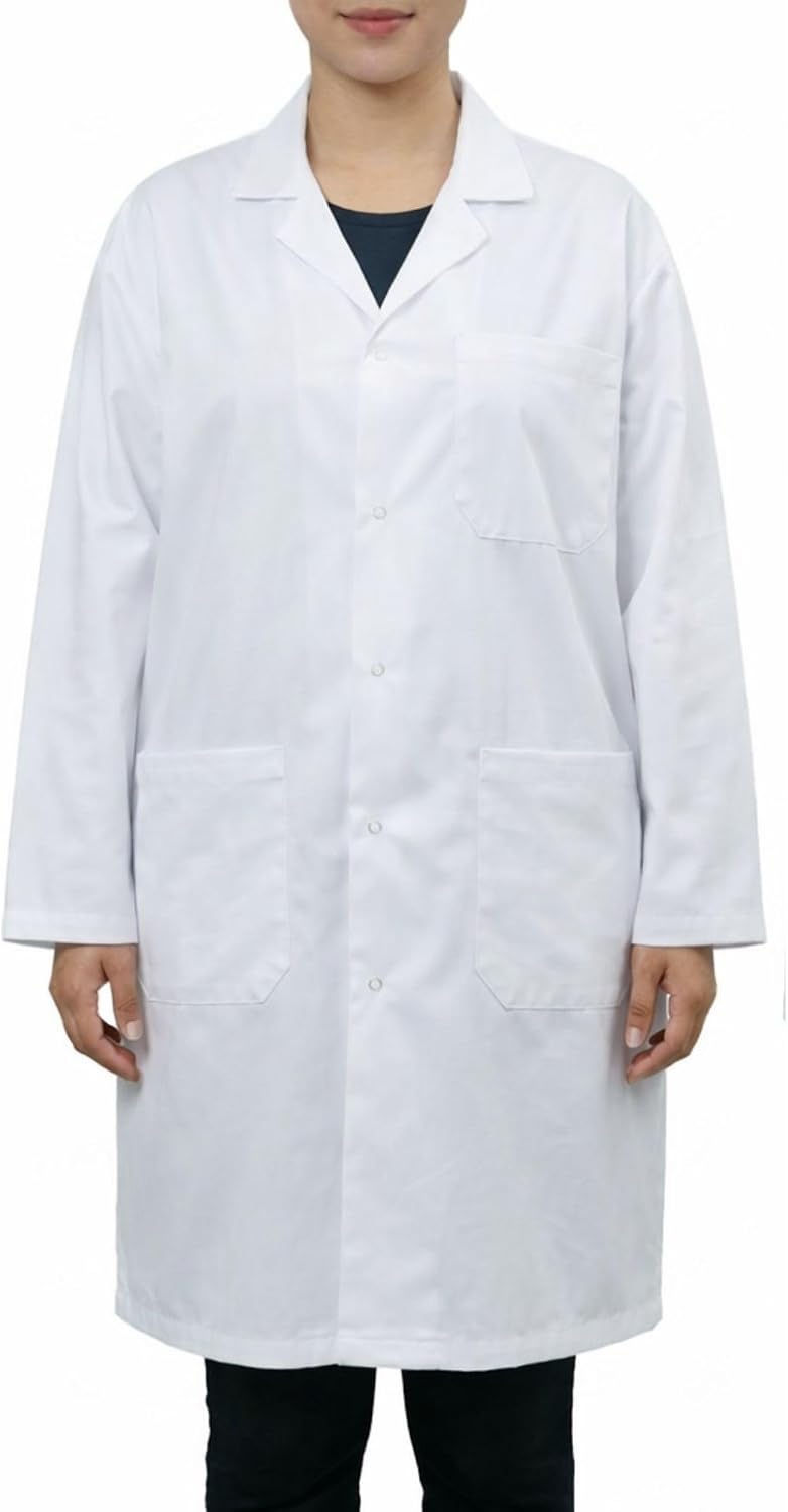 EISCO Adult Medium Professional Grade 100% Cotton Lab Coat – Snap Front Laboratory Coat, 3 Pockets, Machine Washable, White
