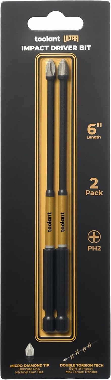 toolant Phillips Impact Screwdriver Bit Set 6 Inch PH2, 2 Pack Magnetic Anti Slip CNC Machined Tips Impact Steel X2 Driver Bit Set for Impact Driver