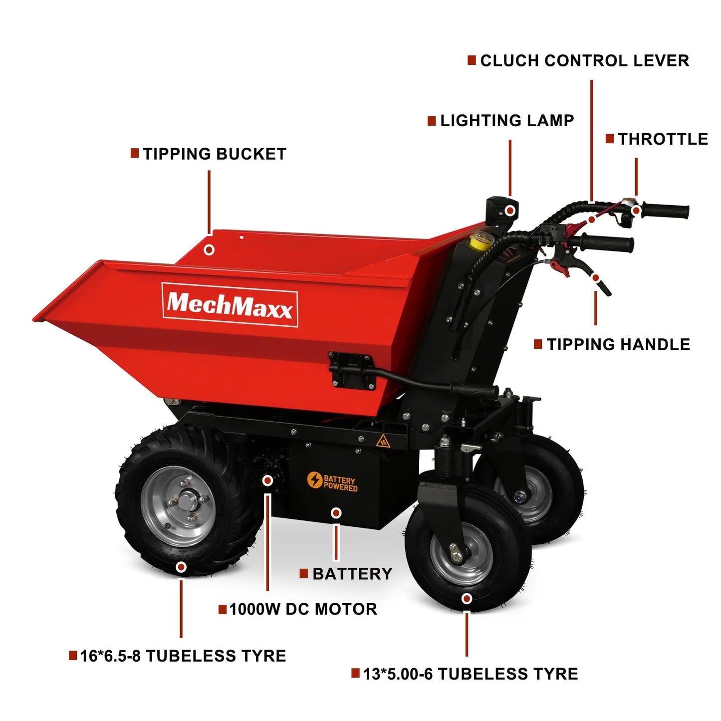 MechMaxx 1100Lb Loading 48V Battery Powered Wheel Barrow Electric Dumper Cart with 30W Light, Hydraulic Tipping, 1000W Brushless DC Motor, LED Display Screen, Model EH50 Yellow
