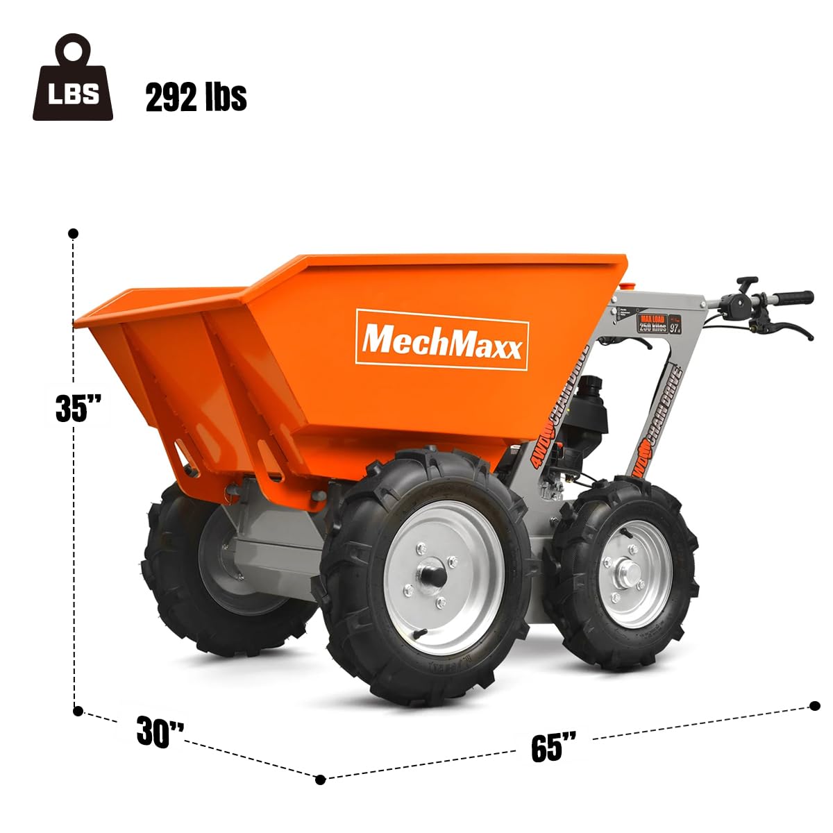 MechMaxx 1100Lb Loading 48V Battery Powered Wheel Barrow Electric Dumper Cart with 30W Light, Hydraulic Tipping, 1000W Brushless DC Motor, LED Display Screen, Model EH50 Yellow