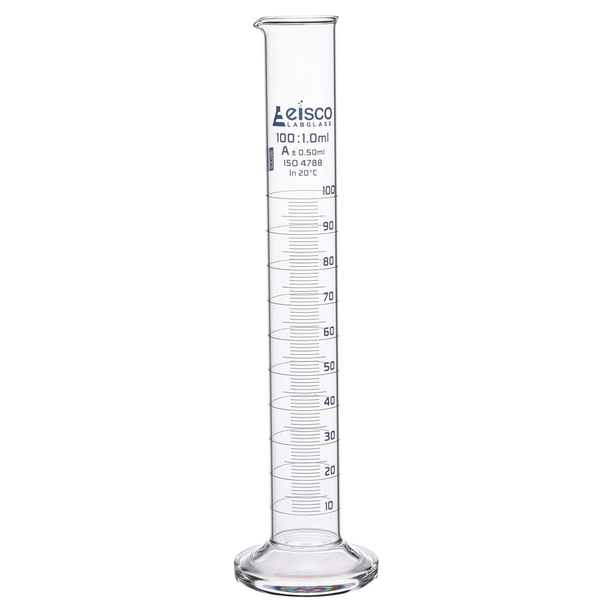 Graduated Cylinder, 100ml - Class A Tolerance ±0.50ml - Round Base - Blue Graduations - Borosilicate 3.3 Glass - Eisco Labs