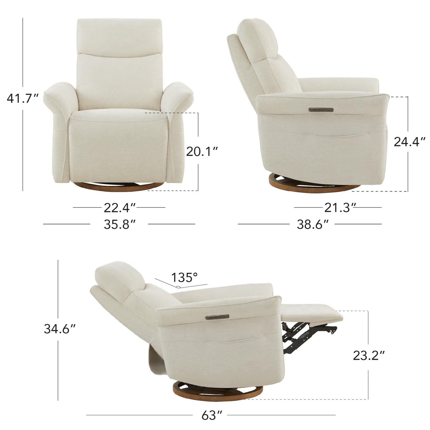 CHITA Power Recliner Chair, Electric Triple-Motor Swivel Glider Nursery Rocking Chair with Adjustable Power Headrest and Lumbar Support, GREENGARD Gold Certified, Solid Wood Base, Linen