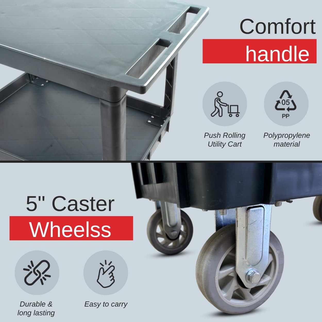2-Tier Heavy-Duty Utility Cart with Flat Top Shelf, 600 lb Capacity, 5" Rolling Service Cart for Warehouse, Office & Commercial Use