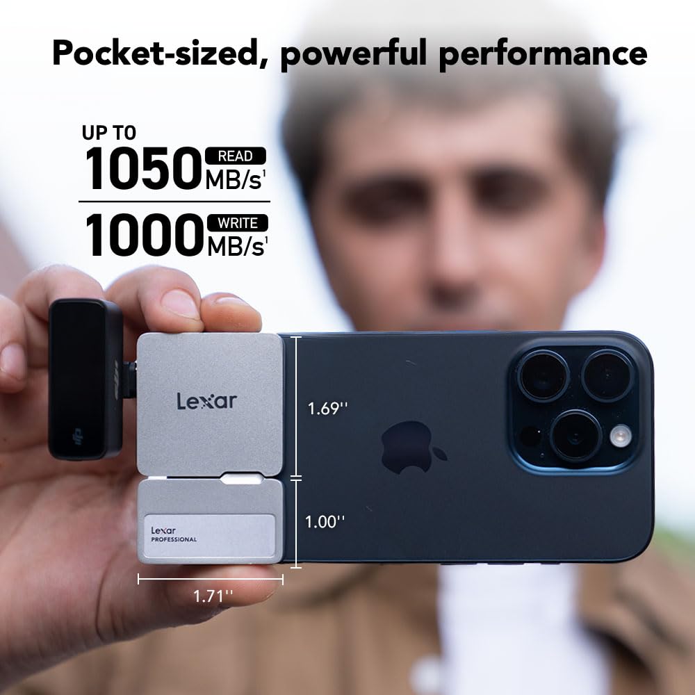 Lexar 1TB Professional Go Portable SSD w/Hub, Supports Apple 4K 60fps ProRes, Up to 1050MB/s, USB 3.2, Rugged, IP65, Ultracompact, Compatible w/iPhone 15/16 (Not 17), External SSD (LSL400S001T-RNSNU)