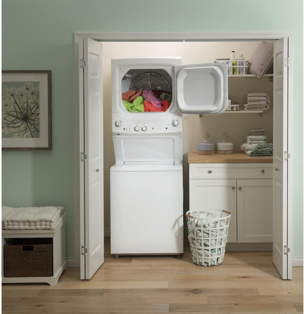 GE GUD27ESSMWW Unitized Spacemaker 3.8 Washer with Stainless Steel Basket and 5.9 Cu. Ft. Capacity Electric Dryer, White