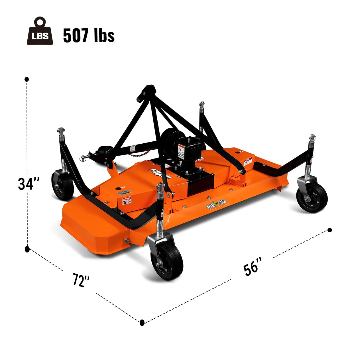 3 Point PTO 60'' Working Width Finish Mower Attachment for 18-50hp Tractor, Category 1 Hitch, 4-Tires, 0.4'' - 4.5'' Adjustable Cutting Height, Model FM150
