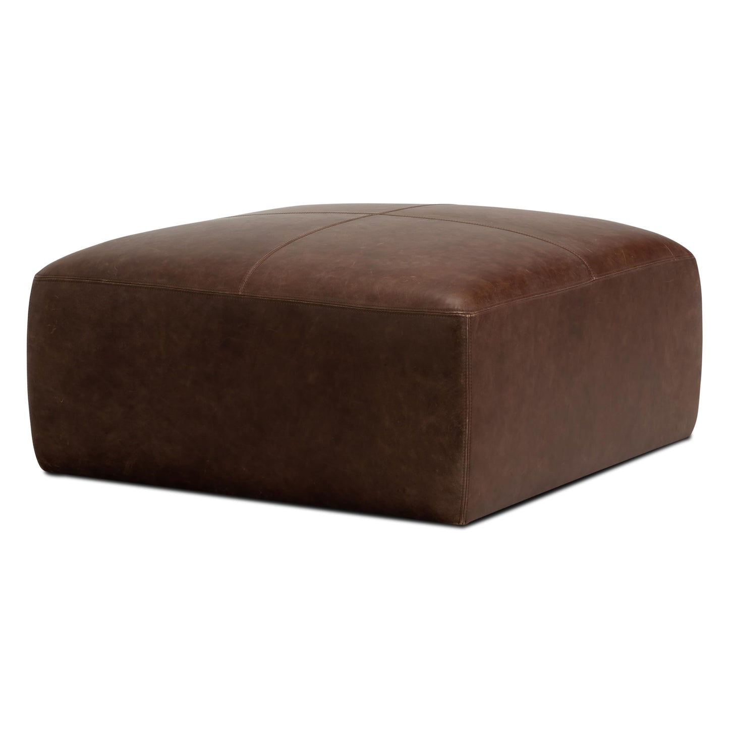 POLY & BARK Denver Ottoman – 43" Large Pouf with Feather-Down Topper – Full-Grain Leather Upholstered Pouf Ottoman for Living Room – Vintage Italian Leather in Cognac Tan