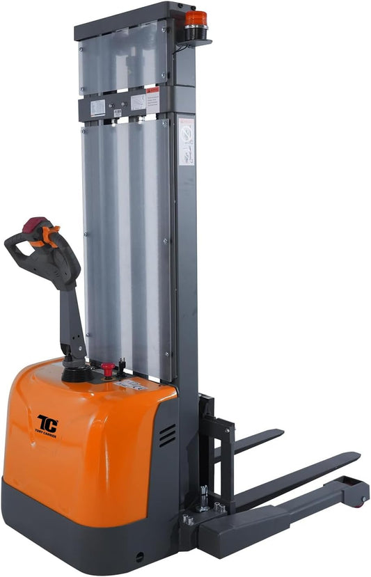 Tory Carrier Full Electric Pallet Stacker, Pallet Forklift, 3300 lbs Capacity, 118" Height Material Lifts, Straddle Legs & Forks Lift, Upgraded Maintenance-Free Gel Battery for Narrow Spaces