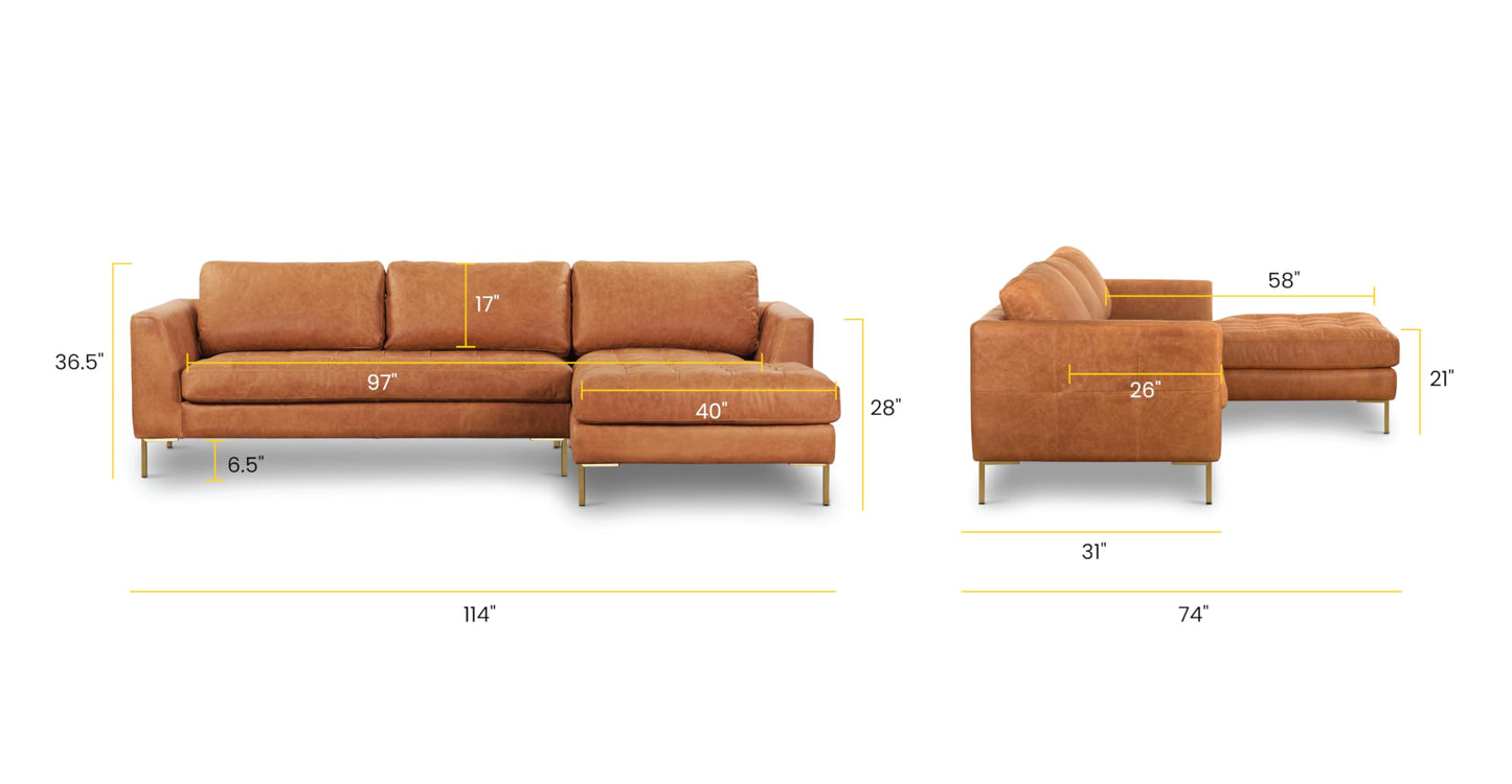 Poly & BARK Calle Right-Facing Sectional in Full-Grain Pure-Aniline Italian Tanned Leather in Cognac Tan and Brass Legs